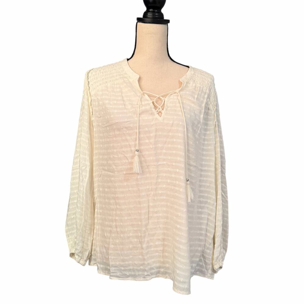 Paige Women's Cream Dot Shaylene Top Sz L Sheer Festival Boho Tassel Romance